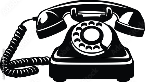 Black and white bold vector of a classic telephone, isolated on white background.