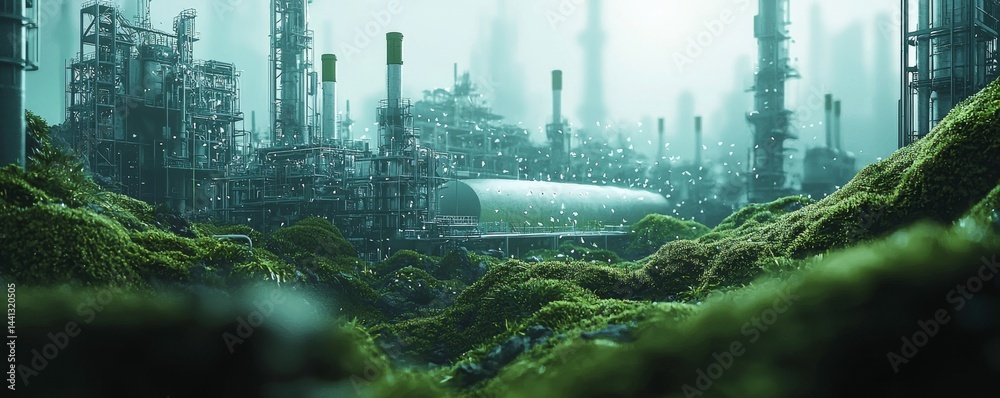 Obraz premium A lush, green landscape intertwined with industrial structures and technology.