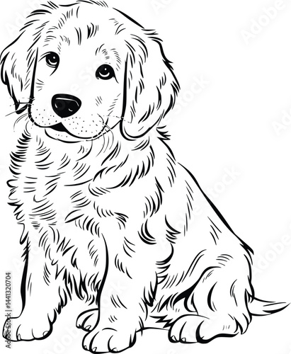Black and white bold vector of a golden retriever puppy, isolated on white background.