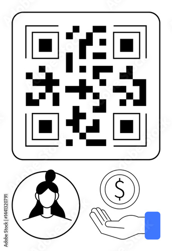 QR code above simple profile icon, coin, and hand gesture. Ideal for digital payments, identity verification, transactions, e-commerce, fintech, apps and simple landing page