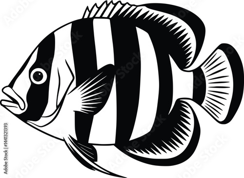 Black and white bold vector of a deep sea fish, isolated on white background.