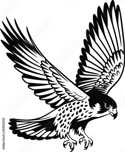Black and white bold vector of a falcon diving, isolated on white background.