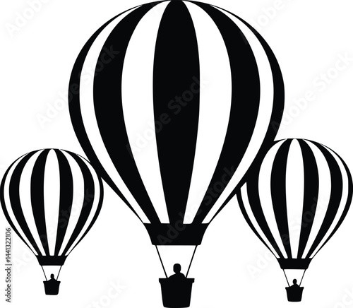 Black and white bold vector of a hot air balloon festival, isolated on white background.