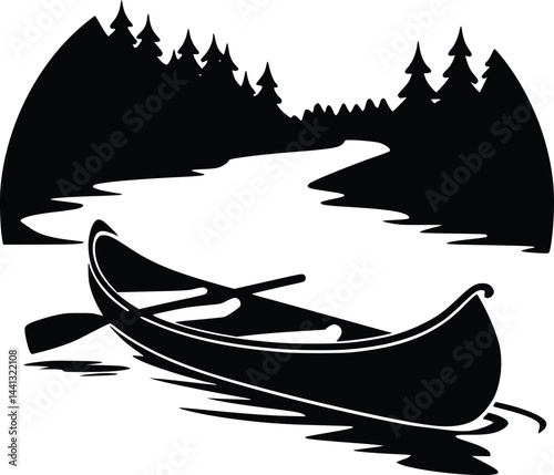 Black and white bold vector of a canoe on river, isolated on white background.