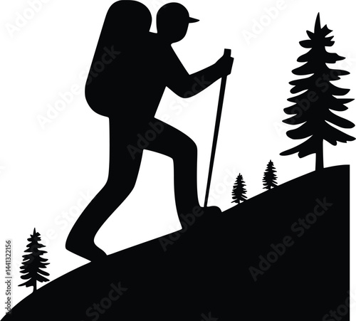 Black and white bold vector of a hiker on trail, isolated on white background.
