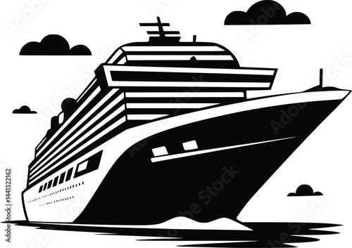 Black and white bold vector of a cruise ship at sea, isolated on white background.