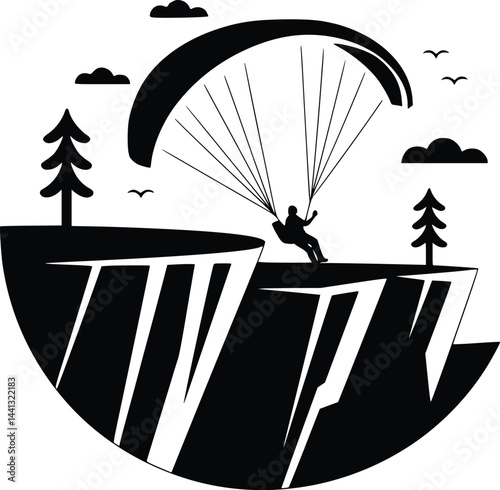 Black and white bold vector of a paraglider over cliffs, isolated on white background.