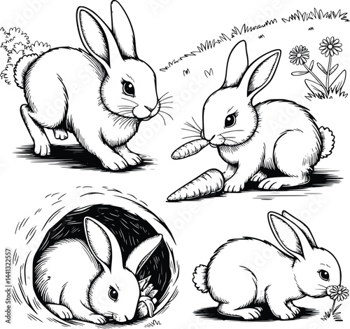 Bold black and white hand-drawn illustrations of 4 bunnies doodling hopping through gardens, munching carrots, hiding in burrows, and sniffing flowers, isolated on white.