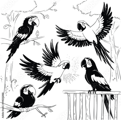 Bold black and white hand-drawn illustrations of 4 vibrant parrots doodling sitting on branches, flying through trees, squawking loudly, and resting on fences, isolated on white.
