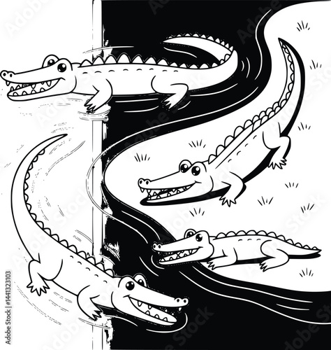 Bold black and white hand-drawn illustrations of 4 playful crocodiles doodling swimming in rivers, basking in the sun, sliding into water, and resting on riverbanks, isolated on white.