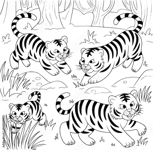 Bold black and white hand-drawn illustrations of 4 fierce tigers doodling playing in the jungle, jumping over rocks, and stalking through tall grass, isolated on white.