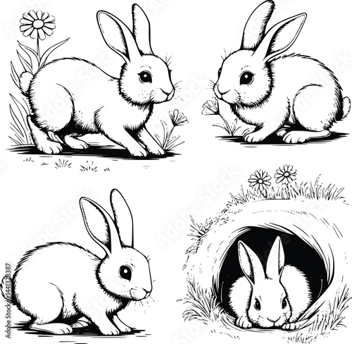 Bold black and white hand-drawn illustrations of 4 playful bunnies doodling hopping through gardens, nibbling on flowers, and resting in burrows, isolated on white.