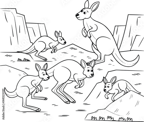 Bold black and white hand-drawn illustrations of 4 playful kangaroos doodling hopping around the outback, exploring deserts, and playing in the wild, isolated on white.