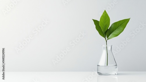 A single green leaf sprouting from a clear glass beaker on a white surface, minimalist composition with soft lighting, and science and nature concept.