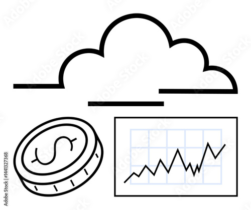 Cloud above coin and rising graph showcasing finance, analytics, technology, economy, investment, growth. Ideal for startup, fintech, cloud computing business growth technology management economy