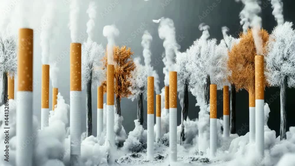 Cigarette butts resembling tree trunks with smoke rising like mist in ...