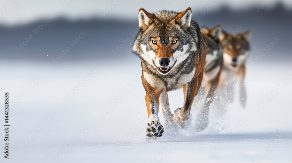 Naklejka premium Wolf Pack Running in Winter Snow