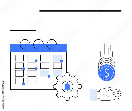 Calendar with highlighted dates, gear with notification icon, coins falling into open hand. Ideal for time management, planning, reminders, finance, budgeting, goal tracking simple landing page