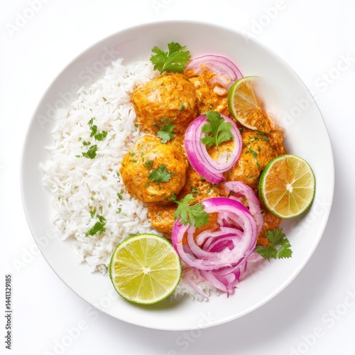 Delicious curry with rice and onion rings in a bowl isolated on white background
