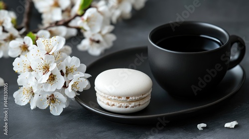 A delicate white macaron beside a cup of coffee, with blossoming spring flowers in the foreground.