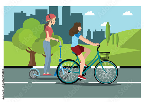 Illustration people rides a sports bike on a park road with friend, Vector Illustration
