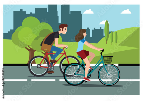 Illustration people rides a sports bike on a park road with friend, Vector Illustration