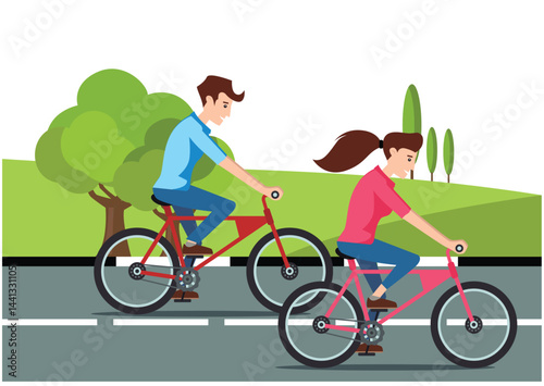 Illustration people rides a sports bike on a park road with friend, Vector Illustration