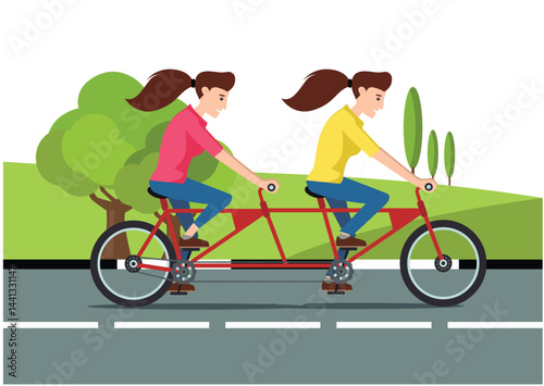 Illustration people rides a sports bike on a park road with friend, Vector Illustration