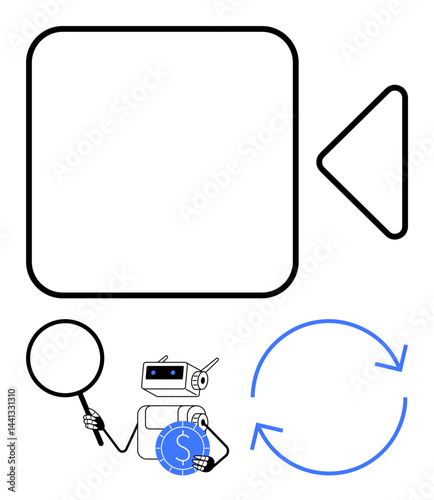 Robot examines financial magnifying glass next to video camera symbol and recycling arrows, representing analysis, finance, content, sustainability. Ideal for AI, automation, review, and renewable
