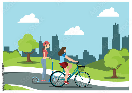 Illustration people rides a sports bike on a park road with friend, Vector Illustration
