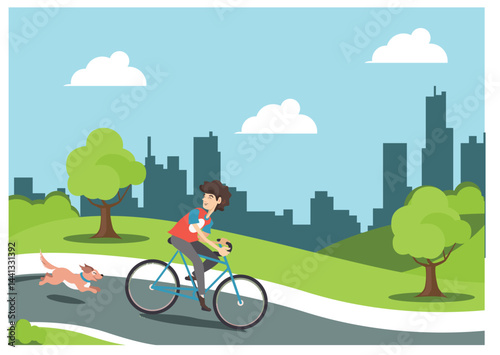 Illustration people rides a sports bike on a park road with friend, Vector Illustration