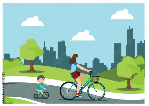 Illustration people rides a sports bike on a park road with friend, Vector Illustration