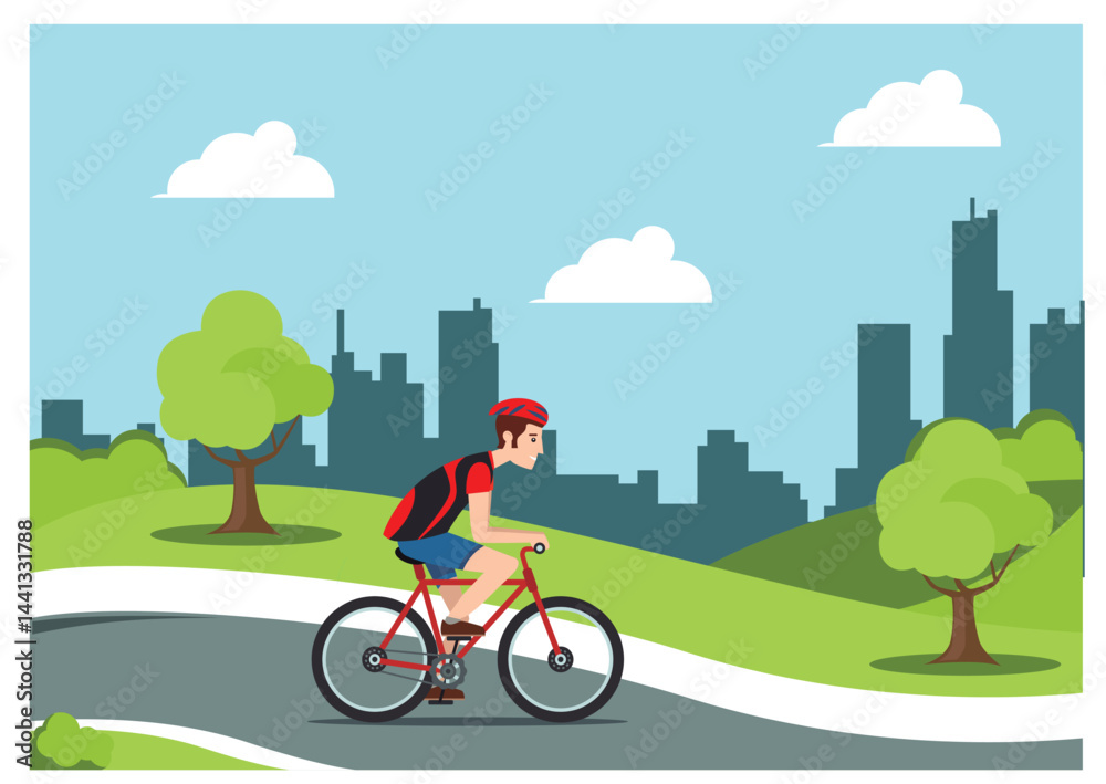 Naklejka premium Illustration people rides a sports bike on a park road with friend, Vector Illustration