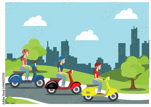 Illustration people rides a sports bike on a park road with friend, Vector Illustration