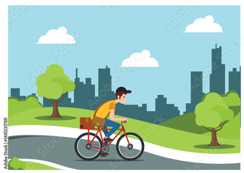 Illustration people rides a sports bike on a park road with friend, Vector Illustration