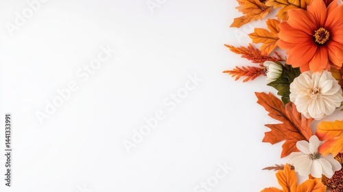 Autumnal floral arrangement on white background, featuring orange and cream flowers and leaves.