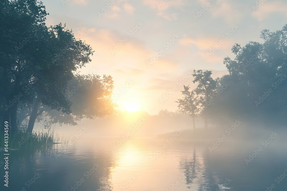 Fototapeta premium Misty sunrise over a tranquil river through a wooded area.