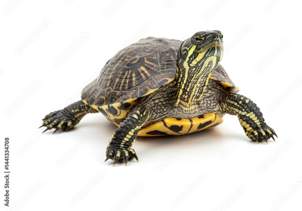 A close up shot of a yellow bellied slider turtle on a white background with its head raised up high A close up shot of a yellow bellied slider turtle on a white background with its head raised up high