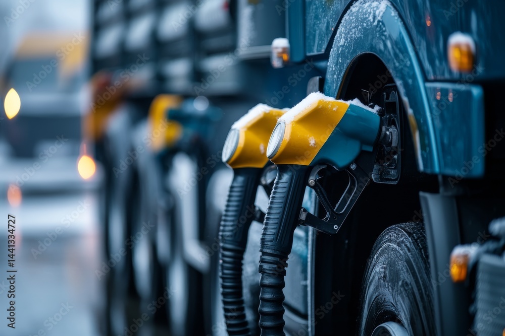 Fototapeta premium Fuel nozzles covered in snow at a winter gas station close up view