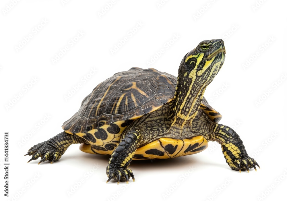 A yellow bellied slider turtle with its head raised on a white background in a studio setting A yellow bellied slider turtle with its head raised on a white background in a studio setting
