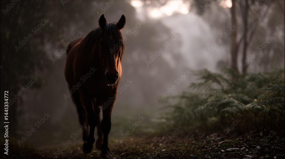 Majestic brown horse approaching in a misty forest setting during early morning hours.