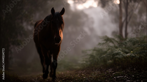 Obraz na płótnie Majestic brown horse approaching in a misty forest setting during early morning hours. w salonie