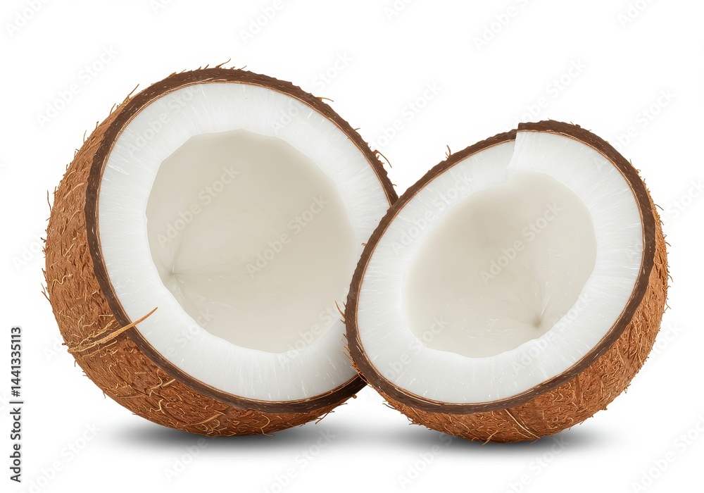 A halved coconut with white flesh and brown husk on a white background in a studio setting isolated A halved coconut with white flesh and brown husk on a white background in a studio setting isolated