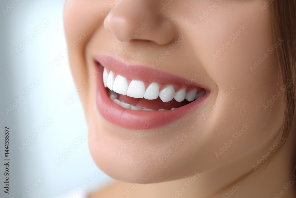 Obraz premium Close-up of a young smiling mouth showing white teeth, clean studio background