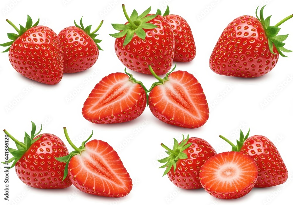 A display of fresh strawberries whole and halved showcasing their vibrant color and texture on white background A display of fresh strawberries whole and halved showcasing their vibrant color and texture on white background