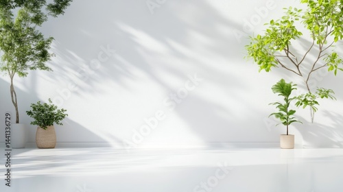 Bright, minimalist interior scene with potted plants and sunlit shadows on a white wall.