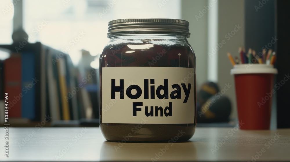 Glass Jar with Holiday Fund Label on Table Surrounded by Office Supplies and Files Glass Jar with Holiday Fund Label on Table Surrounded by Office Supplies and Files