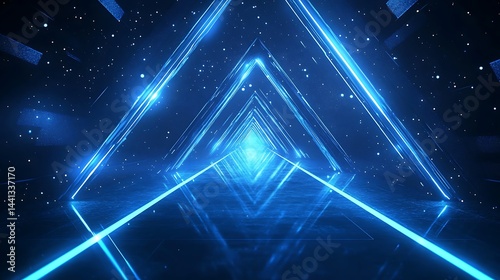 Futuristic neon blue triangle tunnel with glowing lines and particles