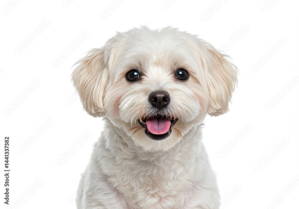 A close up portrait of a small white dog with its mouth open against a white background looking happy A close up portrait of a small white dog with its mouth open against a white background looking happy