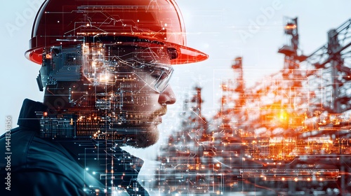 Marine engineer in hard hat shipyard double exposure industrial profile view